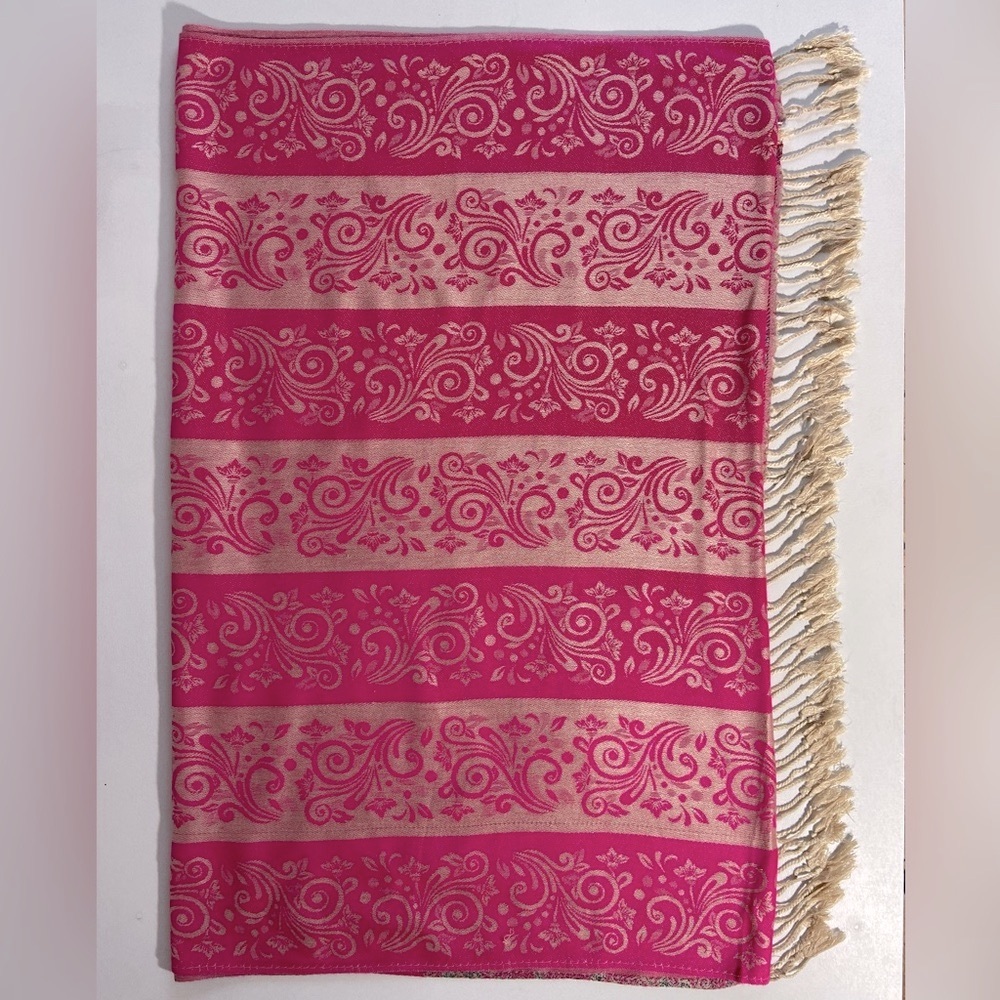 Cashmere Pashmina Scarf Wrap Pink Champagne Sage Cream Tassels Excellent Vintage